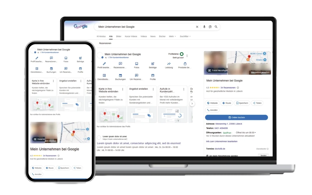Auf Smartphone und Laptop wird das Google-Unternehmensprofil angezeigt.