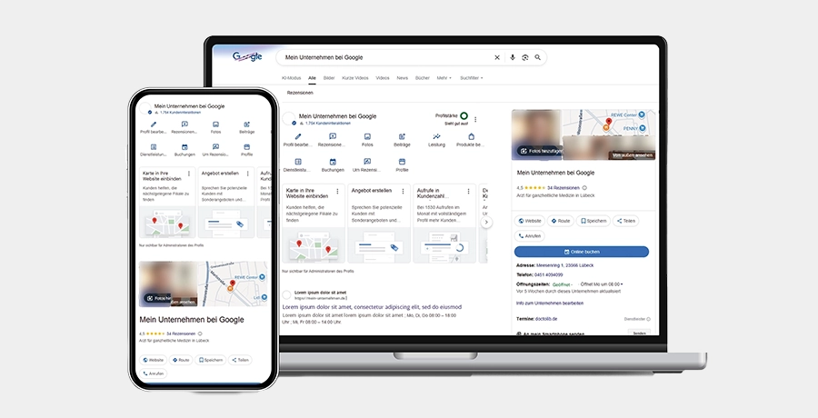 Auf Smartphone und Laptop wird das Google-Unternehmensprofil angezeigt.