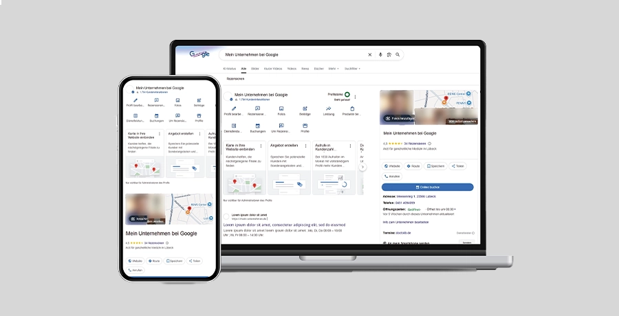 Auf Smartphone und Laptop wird das Google-Unternehmensprofil angezeigt.