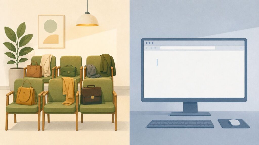 Wartezimmer: Geteilte Illustration, links ein belegtes Wartezimmer ohne Personen, rechts eine leere Website auf einem Bildschirm
